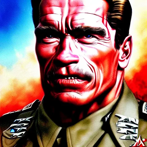 Image similar to uhd photorealistic arnold schwarzenegger in nazi uniform, by amano, ayami kojima, greg rutkowski, lisa frank, mark brooks, and karol bak, masterpiece, cinematic composition, dramatic pose, studio lighting, correct face, hyperdetailed, intricate details