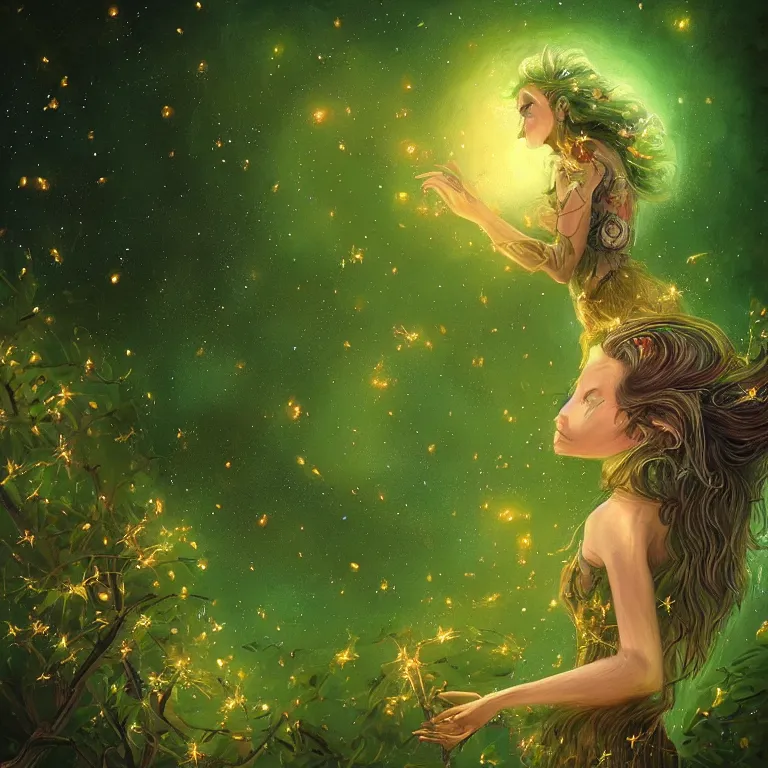 Prompt: a beautiful concept art portrait of a single woman with fireflies and stars in her hair, blooming green slopes and lianas in the background, highly detailed, hdr, 8 k resolution, fantasy art, trending on instagram