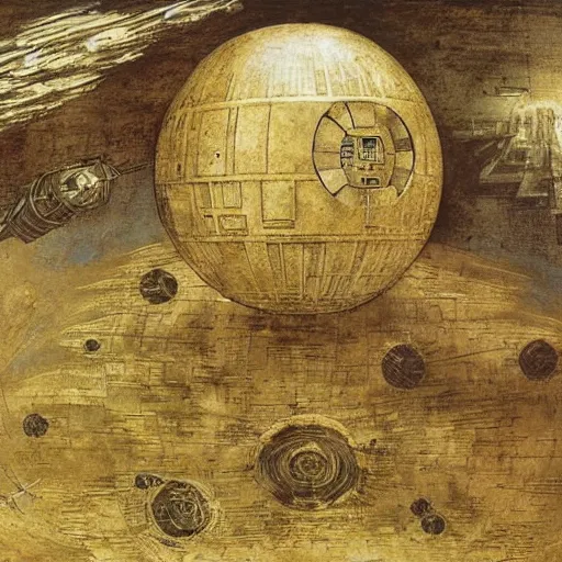 Prompt: the destruction of the death star, painted by leonardo de vinci