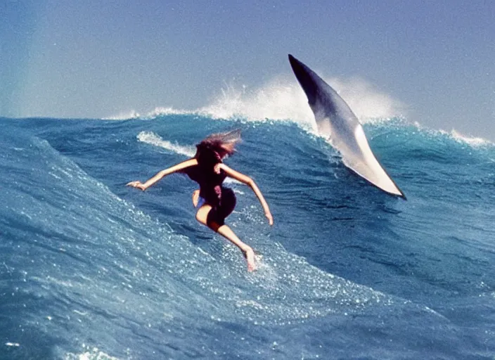 Prompt: color photo of a shark fin in water. surfergirl riding a big wave in the 8 0's