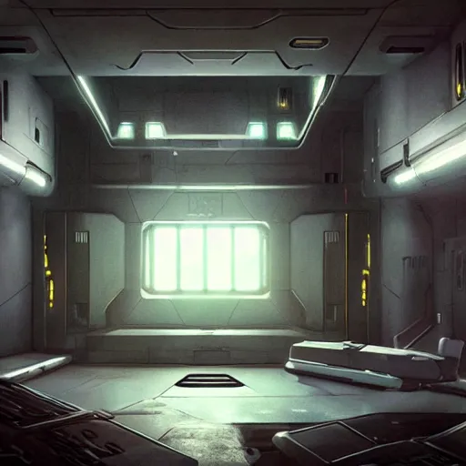Prompt: sci fi art a prison cell in a spaceship by greg rutkowski ultrahd unrealengine volumetric lightning