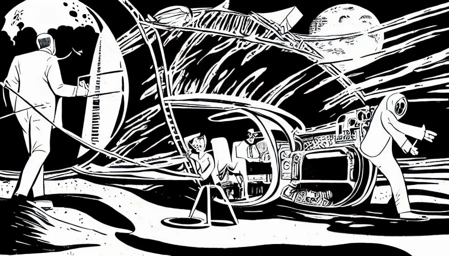 Prompt: travel to the moon in a dream, style of graphic novel, style of will eisner, black outline, on white, smooth, thin sharp lines, detailed