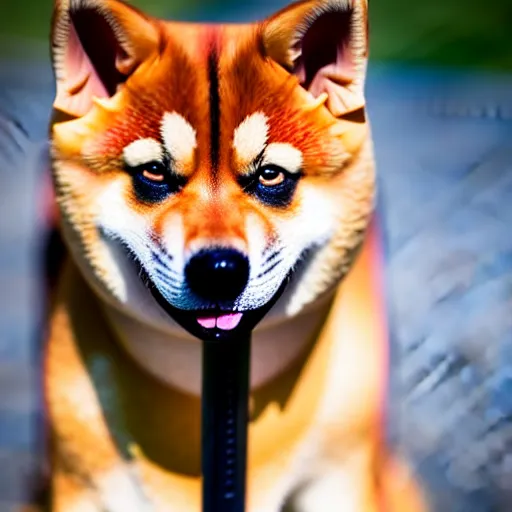 Image similar to close - up photo of shiba inu holding huge mace in paws, standing vertically, ( eos 5 ds r, iso 1 0 0, f / 8, 1 / 1 2 5, 8 4 mm, postprocessed, sharp )