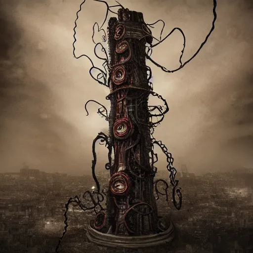Image similar to lovecraftian machine tower with fleshy tendrils and eyeball at top overlooking dystopian wasteland