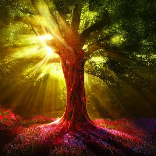 Prompt: a very detailed, highly rendered, highly photorealistic, spectacular, lively, warm tree standing in a thickly vegetated forest in a fantasy world, realistic, high definition, dreamlike light incidenc, holy light shining on it, during a colorful sunraise, award winning picture, trippy