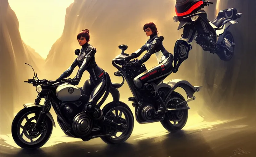 Image similar to Police female riding yamaha motorcycle, sci-fi, highly detailed, digital painting, artstation, concept art, smooth, sharp focus, illustration, art by artgerm and greg rutkowski and alphonse mucha