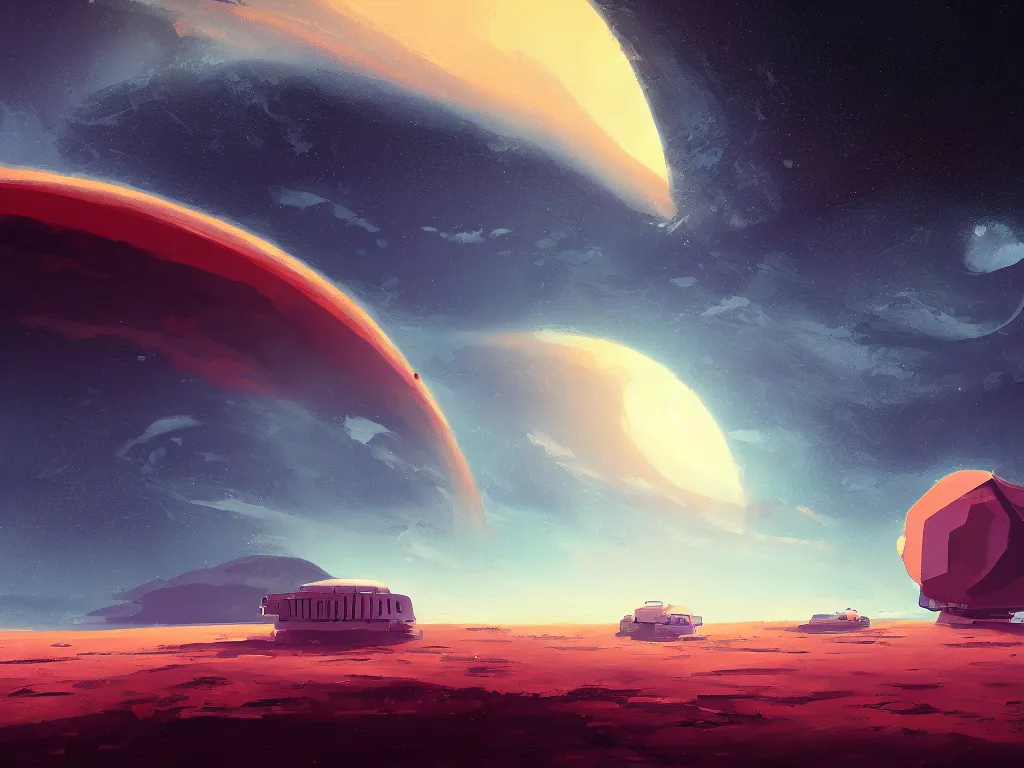 Image similar to a minimalist deep space space station floating next to a stormy desert planet by alena aenami speedart