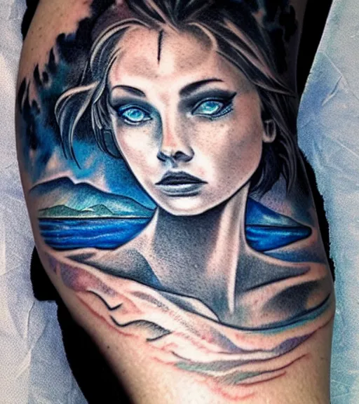 Image similar to tattoo design sketch of a beautiful blue - eyed woman face with a faded background of beautiful mountains and nature on her side, hyper - realistic, in the style of den yakovlev, amazing detail, black and white