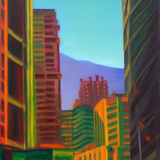 Image similar to dense city canyon emerald light oil painting