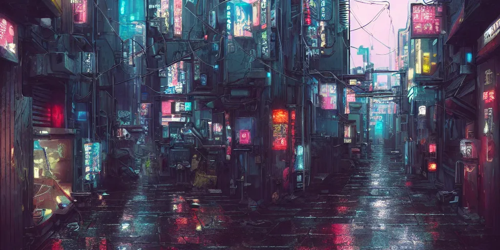 Image similar to Cyberpunk back alley on a rainy day in Japan, low angle view, detailed matte painting, cinematic, Moebius, Artstation