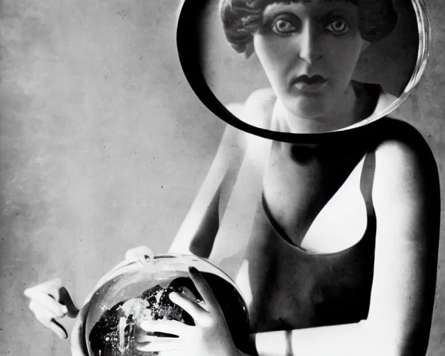 Prompt: a vintage black and white photo of a woman in a fish bowl, a surrealist sculpture by Claude Cahun, conceptual art, movie still, art nouveau, hall of mirrors, surrealist, 1920