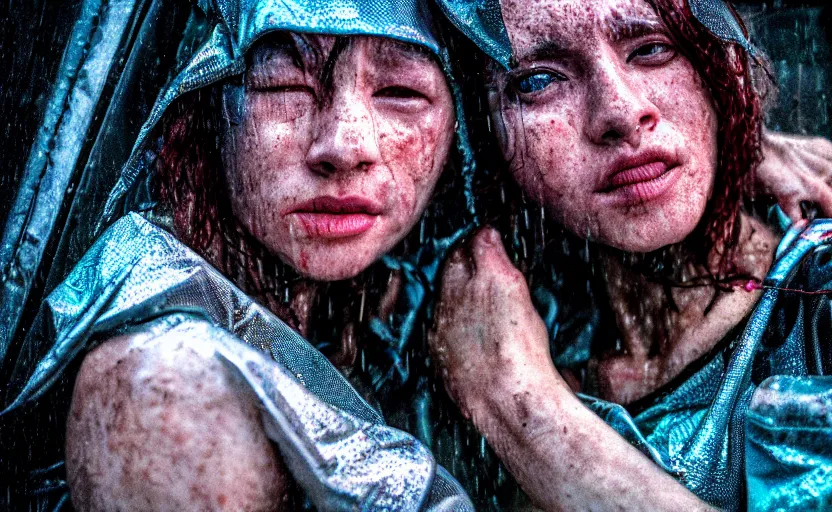 Image similar to cinestill 5 0 d candid photographic portrait by steve mccurry of two loving female androids sobbing wearing rugged black mesh techwear in treacherous waters, flooded city, medium closeup, retrofuturism cyberpunk moody emotional cinematic, pouring iridescent rain bright spotlight helicopter, 8 k, hd, high resolution, 3 5 mm, f / 3 2, ultra realistic faces, ex machina