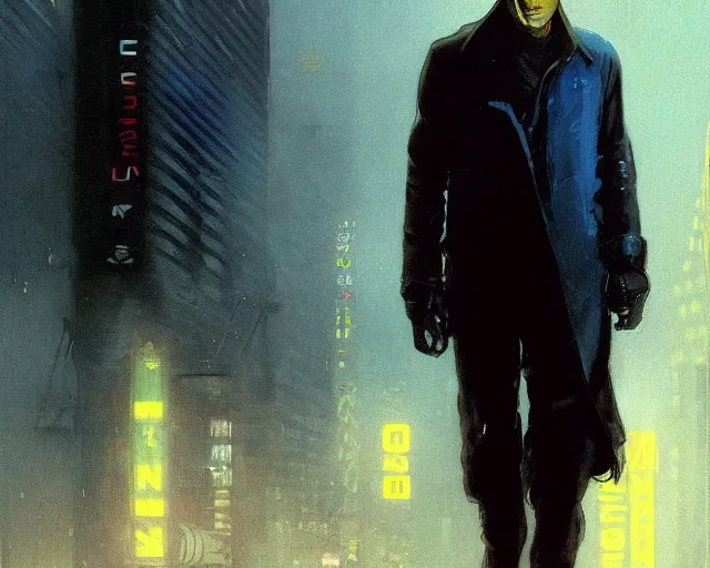 Prompt: 2 0 1 8 blade runner movie young man very young clint eastwood in his youth look at the cityscape from roof perfect face fine realistic face pretty face reflective polymer suit tight neon puffy jacket blue futuristic sci - fi elegant by denis villeneuve tom anders zorn hans dragan bibin thoma greg rutkowski ismail inceoglu illustrated sand storm alphonse mucha