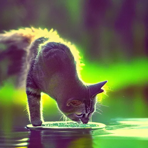 Image similar to Cat with angel wings drinking from a pond, digital artstyle drawn, trending on fiverr, 40nm lens, shallow depth of field,