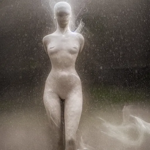 Image similar to modern sculpture of a beautiful woman on the rain, on a lake, faith, full body, low angle, night, surrounded by smoke, shadows, award winning photography