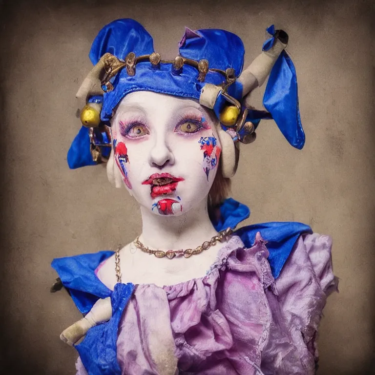 Prompt: “portrait of Hisoka Morow doll like jester as a medieval jester, studio lighting hyperreal photograph royal painting”