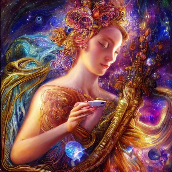 Prompt: a goddess of hubble space telescope images checking her phone, magic realism, art by josephine wall, art by huang guangjian, art by viktoria gavrilenko, art by amanda sage, trending on artstation