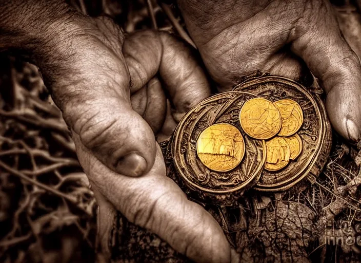 Image similar to old retro burnt out sepia photograph with scratches of an old and wrinkled hand holding a few golden coins with royal engravings. magical forest in the background with bokeh. Antique. High quality 8k. Intricate. Sony a7r iv 35mm. Award winning. Zdzislaw beksinski style