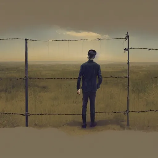 Image similar to a matte painting of a a man standing in front of a wire fence by emiliano ponzi