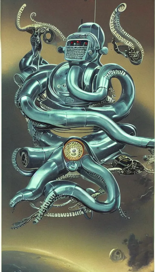 Prompt: 1 9 5 0 s retro future robot android octopus. muted colors. by bruce pennington