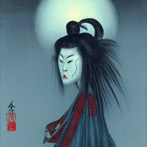 Prompt: painting of takaonna yokai, misty night, beautiful! coherent! by brom, deep colors, strong lines, high contrast