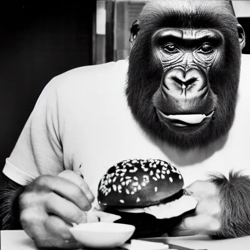 Prompt: 35mm photo of a gorilla eating a burger inside a McDonald's joint