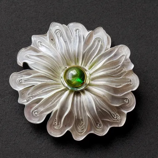 Prompt: a beautifully lit museum photograph of art nouveau glass sculptural flower brooch, intricate, complex, detailed, with silver filigree