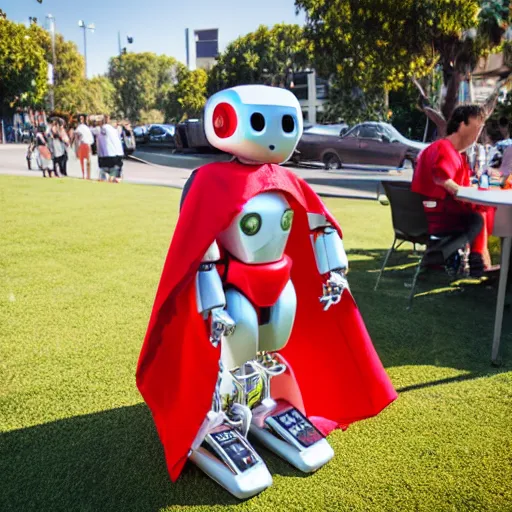 Prompt: LOS ANGELES, CA July 7 2025: Open Source Self-Aware Robot Convention, Cute Robot Wearing Red Cape