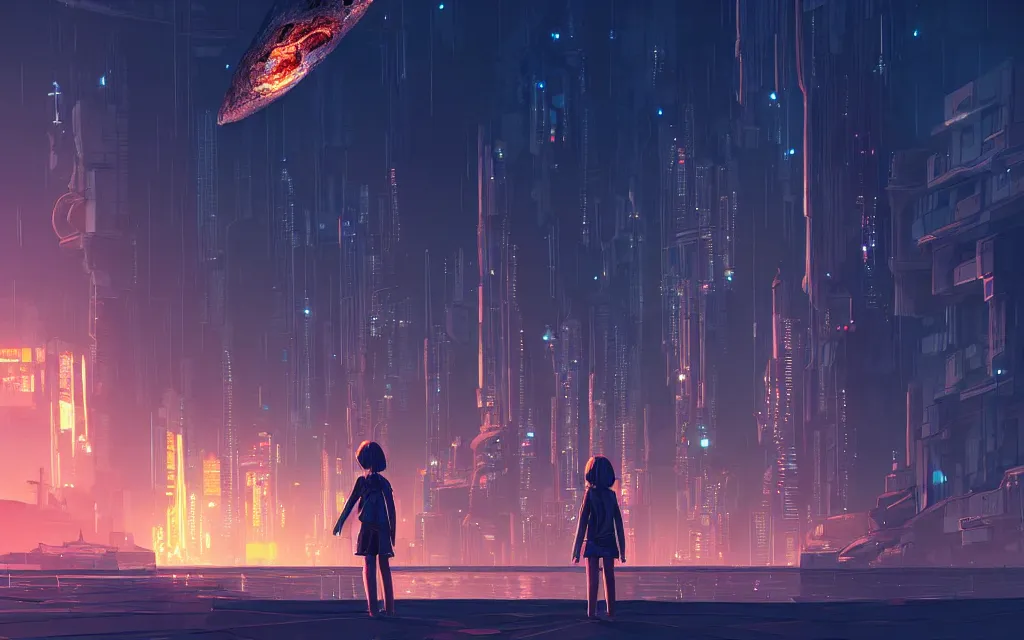 Image similar to girl staring at a meteorite hitting a floating cyberpunk city at night by wlop, low poly art, ultra detailed color art, high detail, digital art