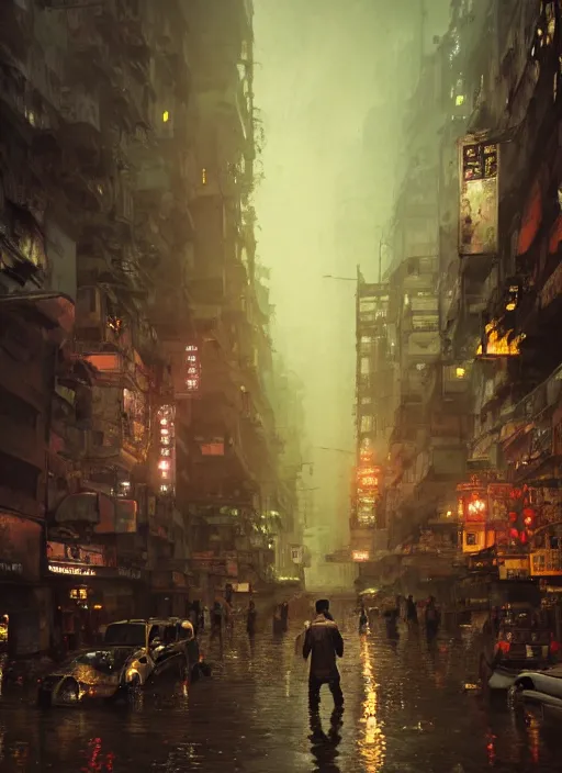 Image similar to dramatic Photorealistic, Matte Painting of a busy post apocalyptic deep flooded Hong Kong city street at night,dark Tall buildings by Greg Rutkowski,Craig Mullins,Hyperrealism,Beautiful dramatic moody lighting,Cinematic Atmosphere,volumetric,Octane Rendering,8K