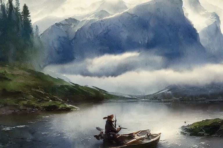 Prompt: watercolor painting of small cold river, reflections, tall mountains and clouds, mythological art by hans gude, ambient lighting and shadows, art by hans dahl, by jesper ejsing, art by anders zorn, wonderful masterpiece by greg rutkowski, cinematic light, american romanticism by greg manchess, creation by tyler edlin