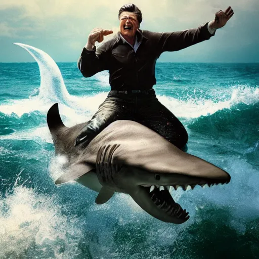 Image similar to ronald reagan riding shark, splash art, detailed face, photorealistic facial features, film still, cinematic lighting, dramatic, octane render, long lens, shallow depth of field, bokeh, anamorphic lens flare, hyper detailed, 3 5 mm film grain