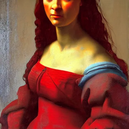 Prompt: a woman in red, dmitry spiros, leonardo da vinci, jacques - louis david, johannes vermeer, 8 k, wide angle,