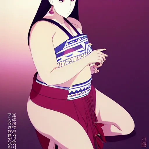 Image similar to a beautiful plus sized model japanese natalie portman, alluring plus sized model, wearing mayan leotard with elegant mayan apron, street fashion hip hop style with mayan patterns, aztec street fashion, gapmoe yandere grimdark, trending on pixiv fanbox, painted by greg rutkowski makoto shinkai takashi takeuchi studio ghibli, akihiko yoshida