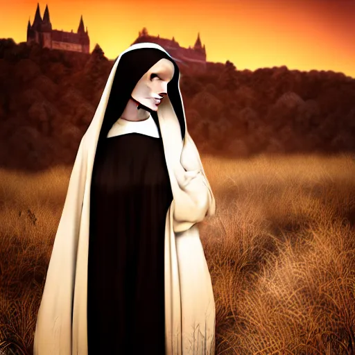 Image similar to photographic portrait of a stunningly beautiful goth nun female in soft dreamy light at sunset, contemporary fashion shoot, by edward robert hughes, annie leibovitz and steve mccurry, david lazar, jimmy nelsson, breathtaking, 8 k resolution, extremely detailed, beautiful, establishing shot, artistic, hyperrealistic, beautiful face, octane render