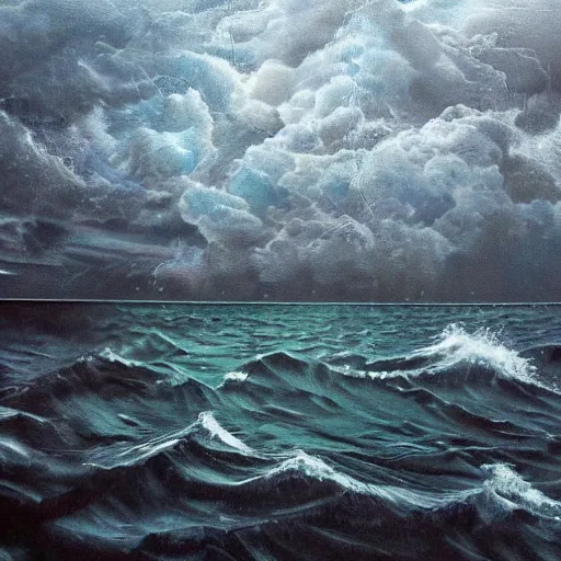 Prompt: tetris blocks floating around in a stormy ocean, rain, dark clouds, storm, dramatic, very detailed, intricate, complex, oil panting, masterpiece