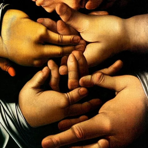 Prompt: closeup of hands in prayer, chiaroscuro caravaggio style, oil painting, renaissance