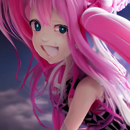 Image similar to stunningly beautiful omnipotent megalomaniacal anime goddess who looks like junko enoshima with symmetrical perfect face and porcelain skin, pink twintail hair and mesmerizing cyan eyes, looking down upon the viewer and taking control while smiling in a mischievous way, mid view from below her feet, hyperdetailed, unreal engine 5, octane render, 8 k