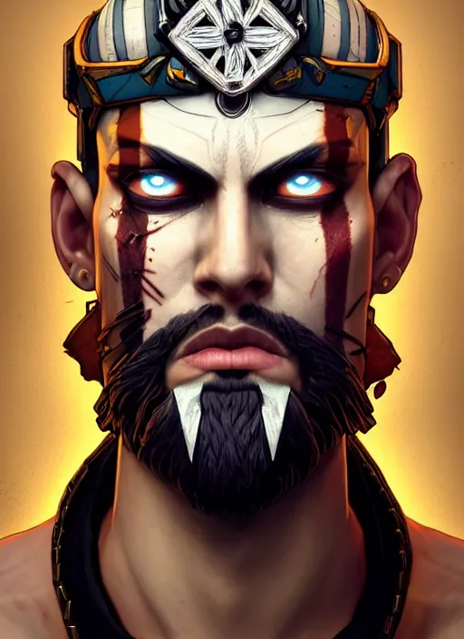 Image similar to symmetry!! portrait of crowned! borderlands 3 ( male ) psycho, ( beard ) ( scars ) ( wounds ) ( piercings ), intricate, elegant, highly detailed, digital painting, artstation, concept art, smooth, sharp focus, illustration, art by artgerm and greg rutkowski and alphonse mucha, 8 k