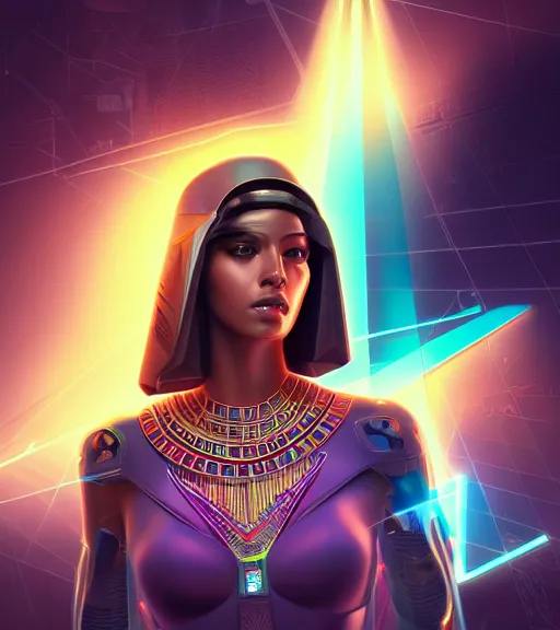 Image similar to symmetry!! egyptian princess of technology, solid cube of light, hard edges, product render retro - futuristic poster scifi, lasers and neon circuits, beautiful brown skin woman egyptian princess, intricate, elegant, highly detailed, digital painting, artstation, concept art, smooth, sharp focus, illustration, dreamlike, art by artgerm