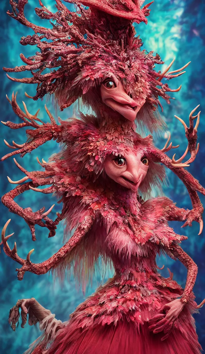 Prompt: hyper detailed 3d render like a Oil painting - kawaii portrait Aurora (a beautiful skeksis queen from dark crystal that looks like Anya Taylor-Joy with hooves and antlers) seen red carpet photoshoot in UVIVF posing in scaly dress to Eat of the Strangling network of yellowcake aerochrome and milky Fruit and His delicate Hands hold of gossamer polyp blossoms bring iridescent fungal flowers whose spores black the foolish stars by Jacek Yerka, Ilya Kuvshinov, Mariusz Lewandowski, Houdini algorithmic generative render, Abstract brush strokes, Masterpiece, Edward Hopper and James Gilleard, Zdzislaw Beksinski, Mark Ryden, Wolfgang Lettl, hints of Yayoi Kasuma, octane render, 8k