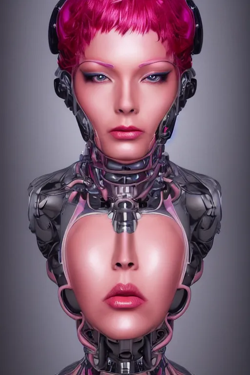 Image similar to organic cyborg head wrapped in silk by Hajime Sorayama and Jamie Coreth, trending on artstation, centered, symmetrical, snow white, thick pink hair, bilateral symmetry, 70s poster, polished, thick smoke, retro dark vintage sci-fi, 2D matte illustration