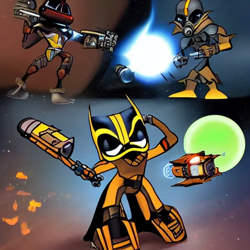 Prompt: ratchet and clank fighting darth vader