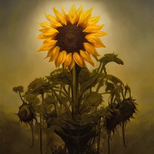 Image similar to a sunflower | highly detailed oil painting, hyperrealistic, very intrincate | cinematic lighting, award - winning | by rachel ruysch, giger, beksinski and bocklin | by austin osman spare and william blake, trending on artstation, cgsociety, official art, octane.