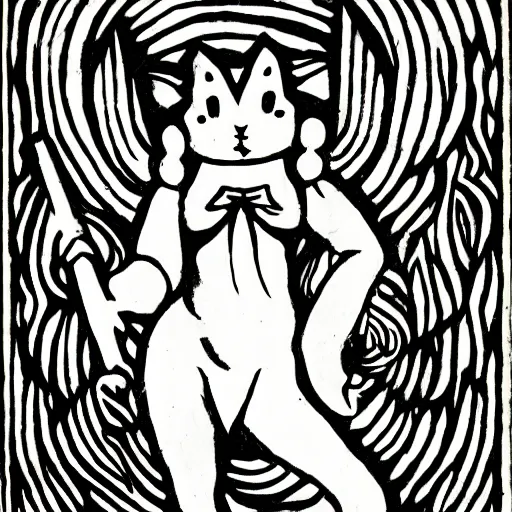 Image similar to Kyubey in the style of European woodcuts