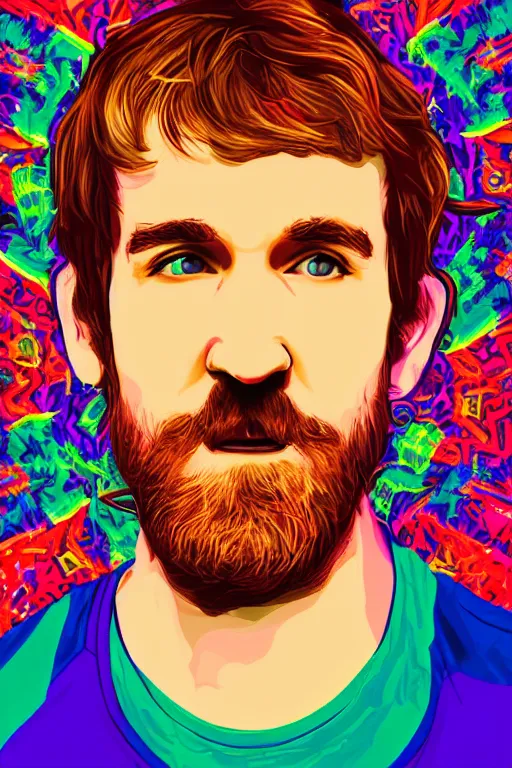 Image similar to inspirational style hope poster of bo burnham with beard, psychedelic colors, highly detailed, realistic, loving, beautiful composition