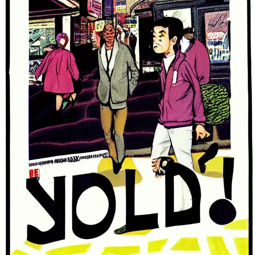 Image similar to glossy old advertising poster, young will smith walking through crowded bel air street, drawn comic by junji ito, pastels, gradient