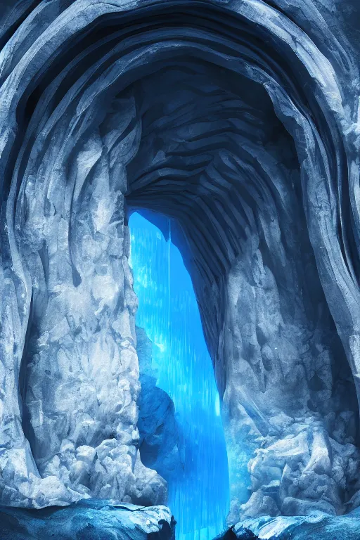 Prompt: an explorer lookup up a giant arched doorway made of blue gel, deep underground waterfalls, beautiful matte painting, ultra detailed, 8 k render