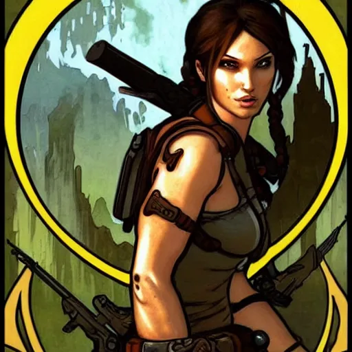 Prompt: lara croft, mucha style, - 4