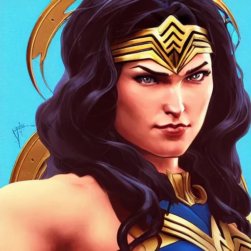 Prompt: wonder woman as a street fighter character, cg animation, capcom, realistic, character select portrait, by artgerm, greg rutkowski, alphonse mucha, 3 d